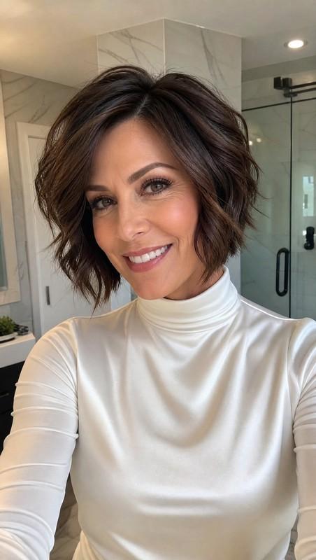 مدل موی کوتاه زنانه - 19. Short Angled Wavy Bob with Chocolate Brown
