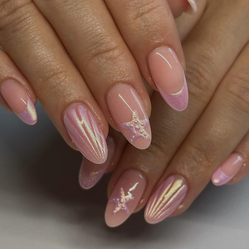 طراحی ناخن صدف دار Iridescent Lilac Shell French Nails