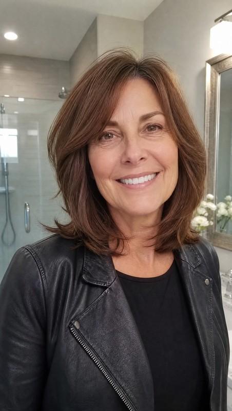 مدل موی کوتاه زنانه Soft Layered Lob with Warm Chestnut