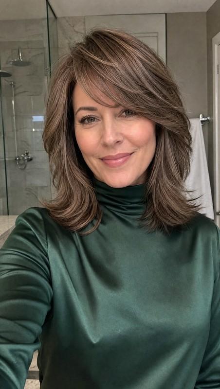 مدل موی لایه ای زنانه - Layered Cut with Side Bangs in Ash Brown