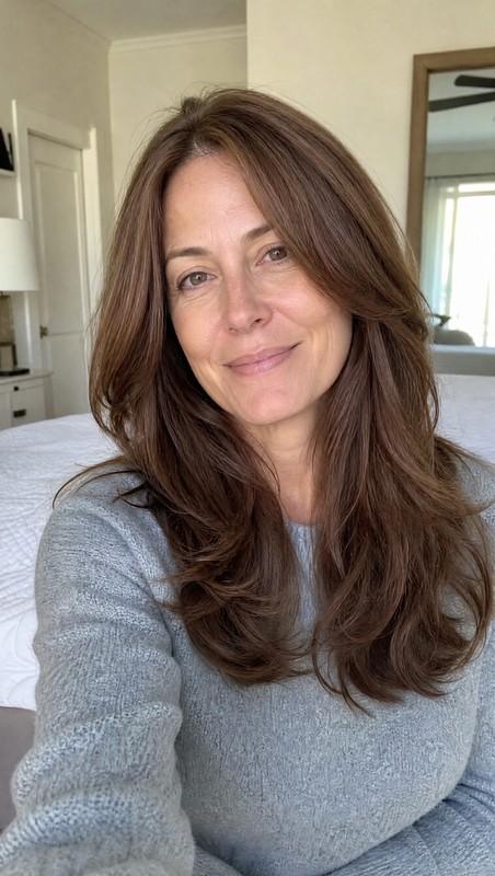 مدل موی لایه ای زنانه - Layered Cut for Thick Hair in Warm Brown