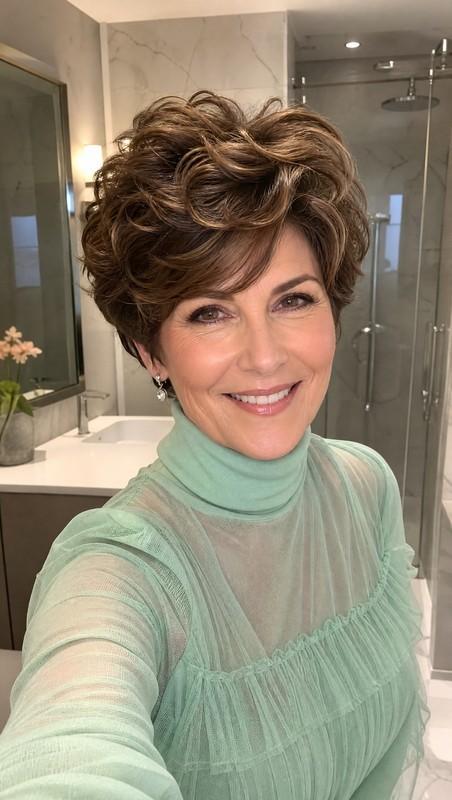 مدل موی کوتاه زنانه - 24. Voluminous Wavy Pixie in Warm Brown