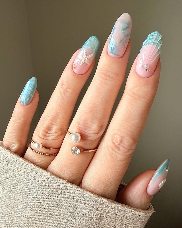 طراحی ناخن صدف دار Aqua Pearl Mermaid Shell Nails