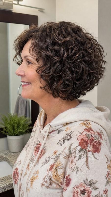 مدل موی فر زنانه - Rounded Curly Bob in Dark Brown