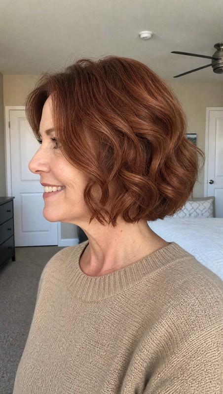 مدل موی کوتاه زنانه - 9. Curved Wavy Bob with Warm Auburn