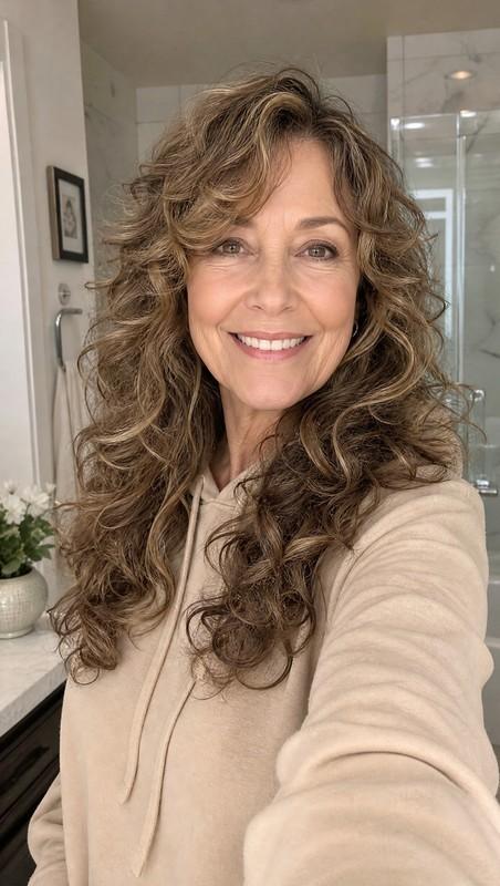 مدل موی فر زنانه - Long Curly Layers in Light Brown