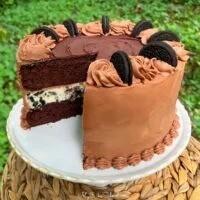 طرز تهیه کیک چیزکیک اوریو، برش خورده روی پایه مخصوص.
