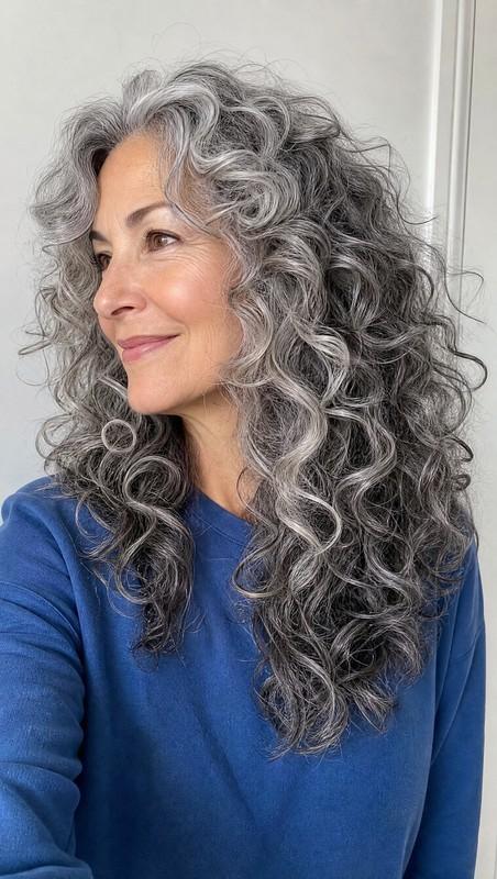 مدل موی فر بلند زنانه خاکستری طبیعی